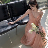 Plataz And Sexy Hanging Neck Sling Dress Summer Temperament High-End Seaside Holiday Dress Waist 100 Folded Skirt