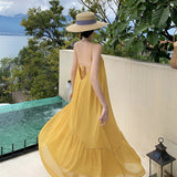 Plataz Seaside Holiday Yellow Bareback Sling Skirt Chiffon Design Long Dress Thai Bali Beach Dress