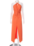 Plataz Women's Solid Color Hanging Neck Chain Hollow Open Fork Dress DJPT