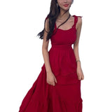 Plataz Holiday Red Sling Dress Women's Summer 2025 New Super Fairy Dress Sanya Travel Suitable For Beach Skirt