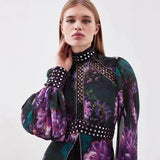 Plataz 2025 Printed Lace Splicing Hollow Rivet Collar Lantern Long-Sleeved Dress Woman