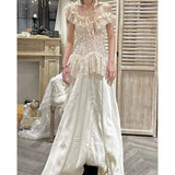 Plataz Design Lace Stitching Dress Retro Temperament Shoulder Light Luxury Dress 2024 New Model