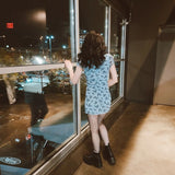Plataz Summer New Retro Deep V Shredded Floral Dress Women's Waist Net Bow Bow A Skirt Skirt