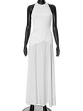 Plataz Women's Solid Color Sleeveless Hanging Neck Densified A-Shaped Long Dress DJPT