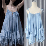 Plataz New Sweet Holiday Wind Blue Sling Skirt Summer Lotus Leaf Side-Dew Short Skirt