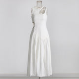 Plataz Sexy Wind Niche Design 2025 Summer Collar Hollow Folded Women's Dress In The Long Solid Color Folds