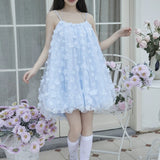 Plataz Blue Flower Floral Bud Dress 2024 New Sweet Sling With Short Small Man Dress