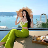 Plataz Niche Design Three-Dimensional Flower Sexy Sling Tset Tsets Open Forked Bag Hip Skirt Holiday Two-Piece Suit Woman