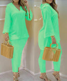 Plataz Explosion Color New Plain Horn Sleeve V Collar Top And Trousers Fashion Lady Set DJPT
