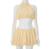 Plataz Women's Summer New Fashion Solid Color Hanging Neck Sex Short Skirt Set DJPT