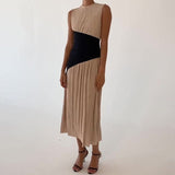 Plataz 2024 Women's Clothing Folds Irregular Black Spliced Sleeveless Long Dress