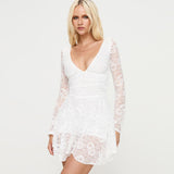 Plataz Women's Clothing V-Neck Dew Back Lace Fabric Splicing Elegant Short Skirt DJPT