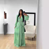 Plataz 2024 Elegant Splicing Long-Sleeved V-Neck Dress Women's Long Dress