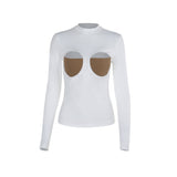 Plataz Stitched Hollow Breast Cup Long-Sleeved Top Woman Autumn 2025 New Simple Style Casual Body Repair T-Shirt DJPT