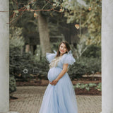 Plataz Women's Clothing Splicing Mesh Yarn Fluttering Shoulders Forked Pregnant Woman Drag Dress Photo Drag Floor Dress 1227 Maternity