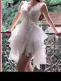 Plataz 2025 White Feathers Hollow V-Necked Dress 9009