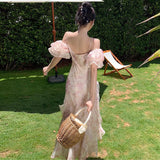 Plataz Bubble Sleeve Chiffon Flower Hanging Dress Women Summer Seaside Holiday Super Fairy Long Dress