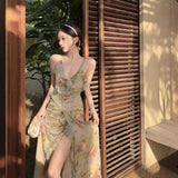 Plataz Floral Sexy Bareback Holiday Sling Dress Fairy Beach Long Dress Summer
