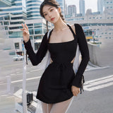 Plataz Women's Autumn And Winter New Long-Sleeved Collar Horn Sleeves Tied With Hottie Dress DJPT