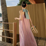 Plataz New Thai Sanya Beach Holiday Loose Retro Lattice Long Hanging Neck Tset Dress Summer