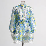 Plataz Bohemian 2025 Summer New Neck Lantern Sleeves With Hollow Print Dress Woman
