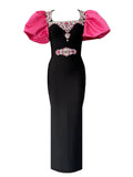 Plataz New Heavy Industry Diamond-Stuffed Temperament Rose Red Bubble Sleeve Banded Dress Banquet High-End Evening Dress