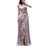 Plataz Sleeveless V-Necked Neck Dress With Wooden Ears Exposed Back Long Dress Beach Beach Seaside Holiday Dress