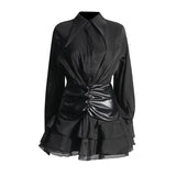 Plataz Temperament Sister Style Dress Woman 2025 Summer High-Grade Folded Long Sleeve High-Waisted Leaf Side Short Dress Women's Dress