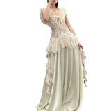 Plataz Design Lace Stitching Dress Retro Temperament Shoulder Light Luxury Dress 2024 New Model