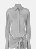Plataz Babes Gray Long-Sleeved Polo Collar Short Dress Girl Niche Fall Sexy Irregular Hollow Dress