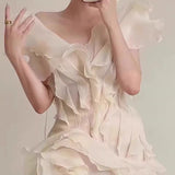 Plataz And Summer 2025 Spring And Summer Petal Lotus Leaf Side Shoulder Dress V Collar Short Skirt