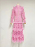 Plataz Autumn New Retro Style Lace Lace Splicing Long Dress Design Hollow Waist Dress