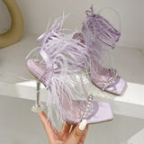 Plataz 2025 New Catwalk Square Women's Shoes Water Drill Feathers With Summer High-Heeled Sandals Women High Quality Shoes