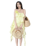 Plataz Holiday Wind Sweet Layer Wave Dress Lotus Leaf Side With Flower Sling Skirt 2024 New