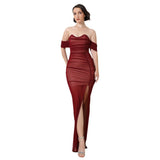 Plataz One-Word Shoulder Mesh Folded Folded Banded Dress Sexy Tight Temperament Dress