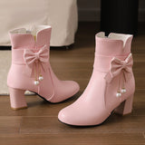 Plataz Size Women's Shoes Bows Coarse And Short Boots Women's Korean Version Of High Heel Boots High Quality Shoes