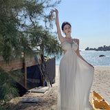 Plataz Breast Slings White Languing Folded Long Skirt Banquet Dress Holiday 100 Folded Beach Dress Girl
