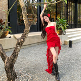 Plataz Sexy Pure Lust Wind Heavy Industry Lotus Side Drag Tail Irregular Braid Dress Holiday Red Chiffon Dress
