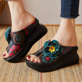 Plataz Of The Pig Skin National Wind Flower Print Big Flower Summer Retro Hollow Fish Mouth National Wind Drag High Quality Shoes