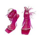 Plataz 2025 New Catwalk Square Women's Shoes Water Drill Feathers With Summer High-Heeled Sandals Women High Quality Shoes