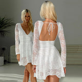 Plataz Women's Clothing V-Neck Dew Back Lace Fabric Splicing Elegant Short Skirt DJPT