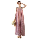 Plataz New Thai Sanya Beach Holiday Loose Retro Lattice Long Hanging Neck Tset Dress Summer