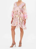 Plataz Niche Silk Silky Retro Court Print V Collar Horn Sleeves Loose Waist Small Flowing Dress