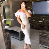 Plataz Women's Fashion Feathers Diamond Bandage Dress Party Elegant Temperament Dress Dress Dress