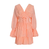 Plataz Elegant Fashion Women's Clothing Spring 2025 New V-Shaped Collar Horn Long Sleeve High-Waisted Belt Short Skirt