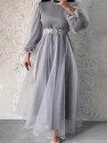 Plataz Spring 2024 New Half-High Neckernet Yarn Elegant Thin Lantern Sleeve Dress Woman
