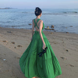 Plataz V-Necked With Hanging Neck Dress Female Seaside Holiday Sexy Bare Back Open Fork Showing Lean Long Skirt