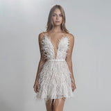 Plataz And Winter New Women's Sexy Bareback Party Dress To Close The Waist Deep V Feathers Sling Skirt