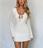 Plataz Women's New Knitted Tying Dress With Long Sleeves And Hip Mini Skirt HZ0628