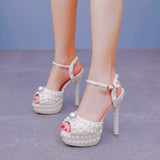 Plataz Cm High-Heeled Sandals Rice Pearl Fish Mouth High Heel Sandals Fine Heel Waterproof Table Bridal Wedding Dress Sandals High Quality Shoes